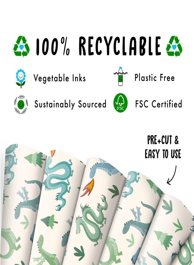 CENTRAL 23 Dragon Wrapping Paper - Boys Birthday Wrapping Paper - 6 Sheets Gift Wrap For Christmas Baby Shower Easter - Blue Green Cream Cute Kods Son Student - Comes With Tags - Eco-friendly - Image 3